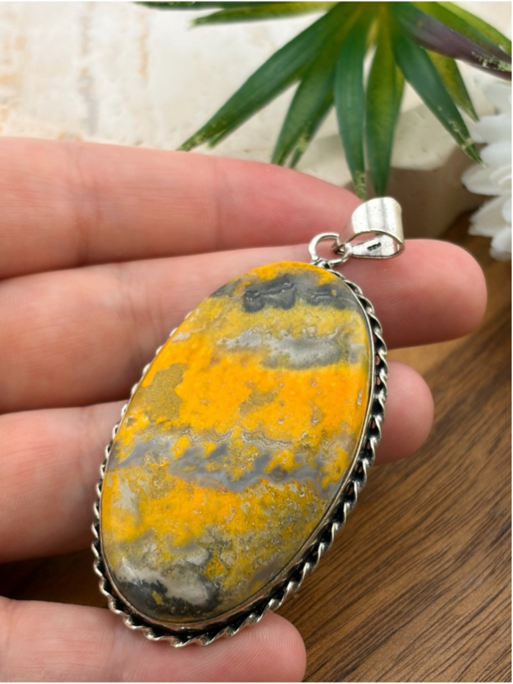 Bumble Bee Jasper Pendant Southwest Vintage Style 925 Sterling Silver Overlay